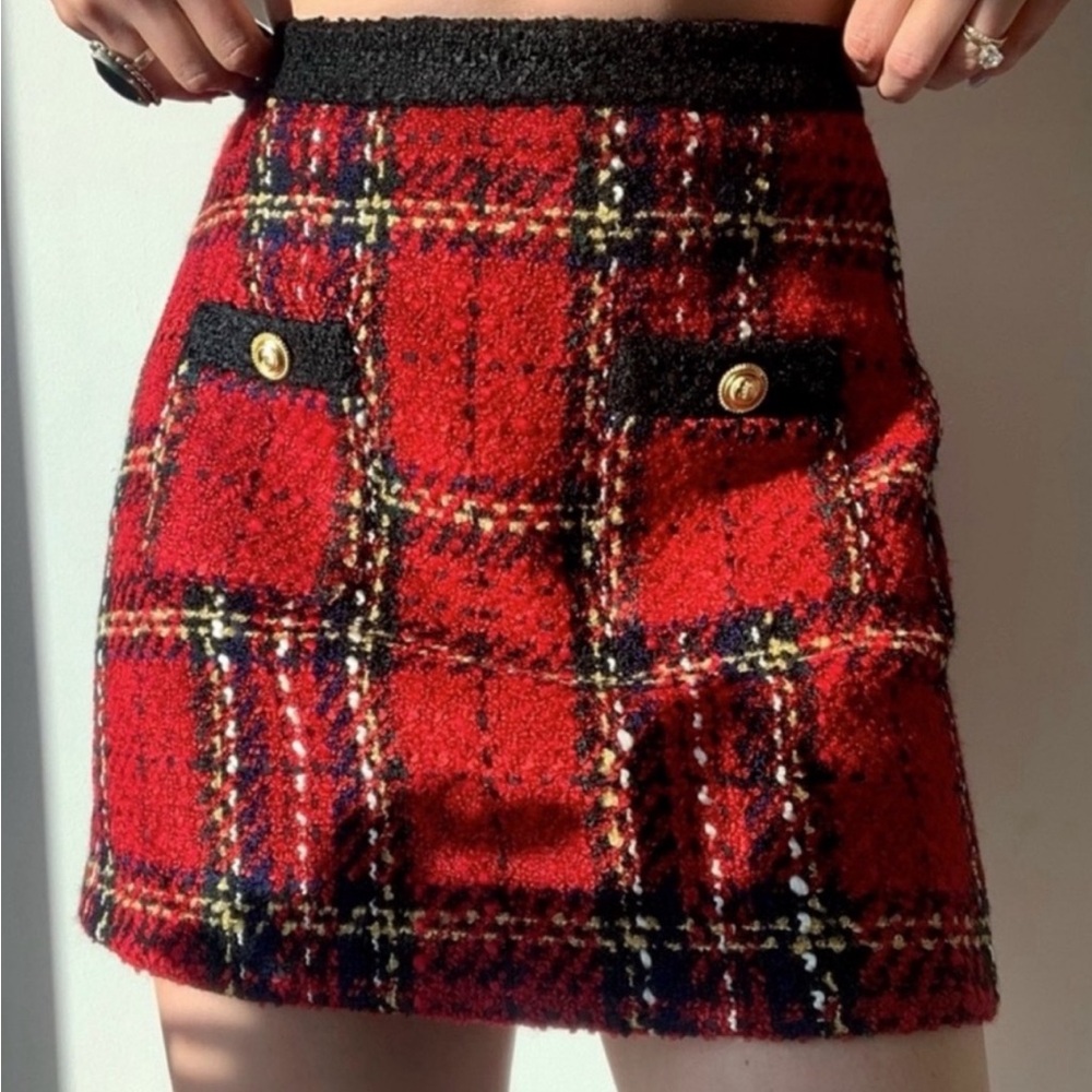 Zara Red Black Plaid Tweed Skirt